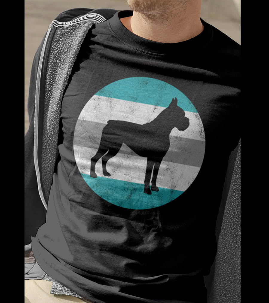 Boxer Dog Silhouette On Retro Striped Circle For Teens T-Shirt