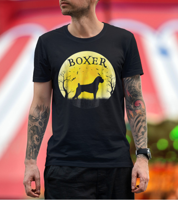 Premium T-Shirt: Boxer Dog Full Moon Halloween Bats Trees Vintage T-Shirt Boxer Dog Full Moon Halloween Bats Trees Vintage T-Shirt