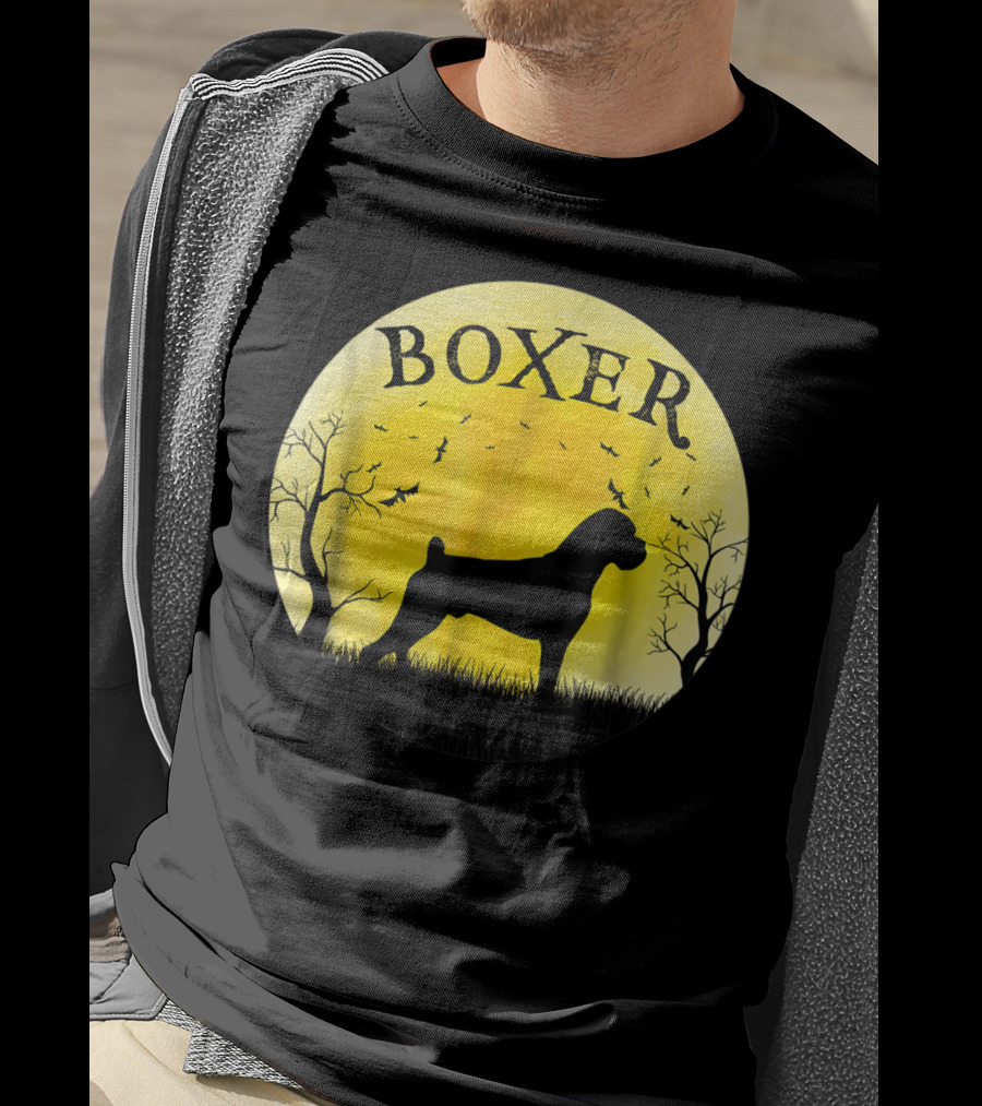 Boxer Dog Full Moon Halloween Bats Trees Vintage T-Shirt