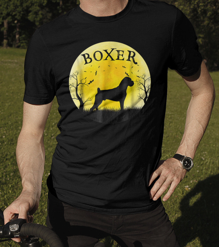 Boxer Dog Full Moon Halloween Bats Trees Vintage T-Shirt