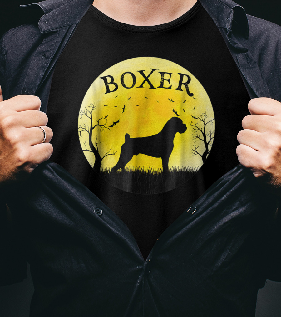 Boxer Dog Full Moon Halloween Bats Trees Vintage T-Shirt