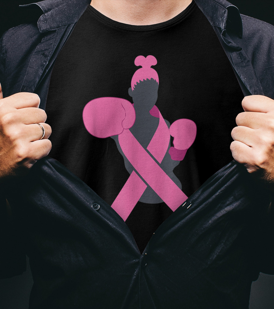 Boxer Supporting Breast Cancer Awareness With Pink Ribbon Boxing Gloves T-Shirt