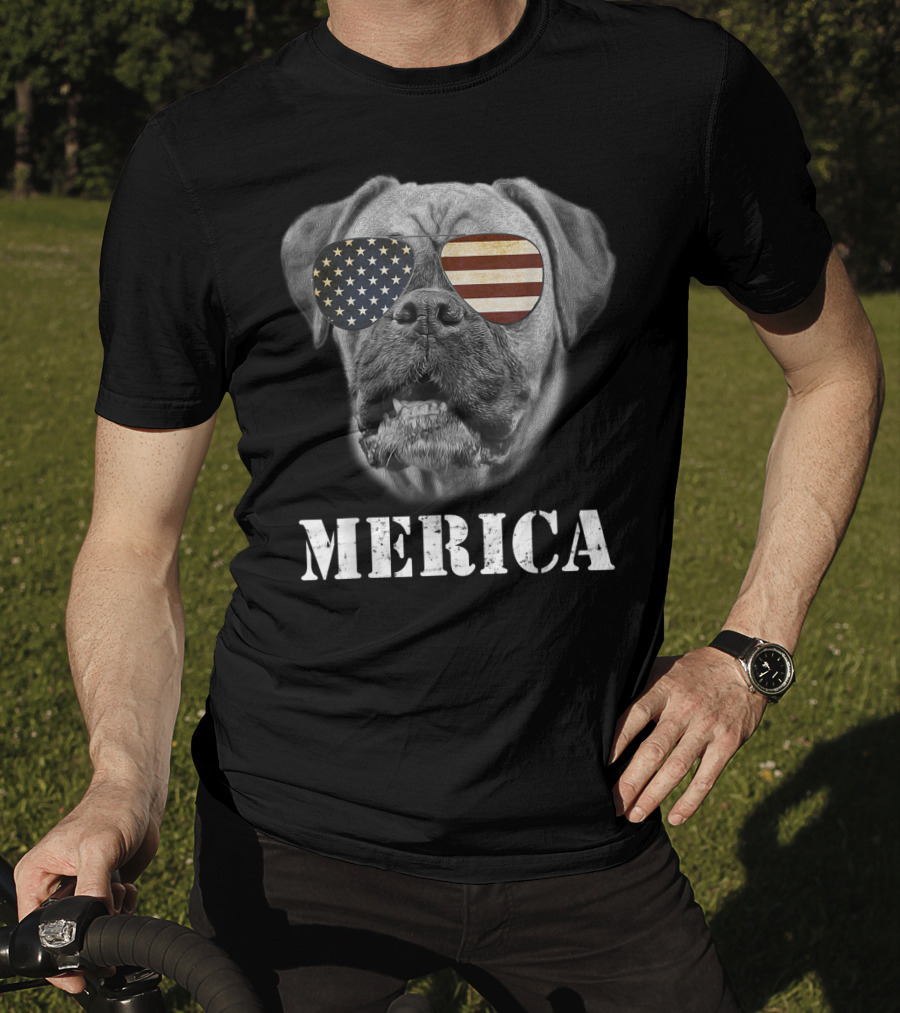 Merica Patriotic Boxer Dog With USA Flag Sunglasses T-Shirt