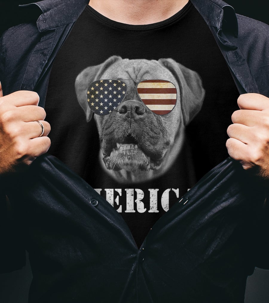 Merica Patriotic Boxer Dog With USA Flag Sunglasses T-Shirt
