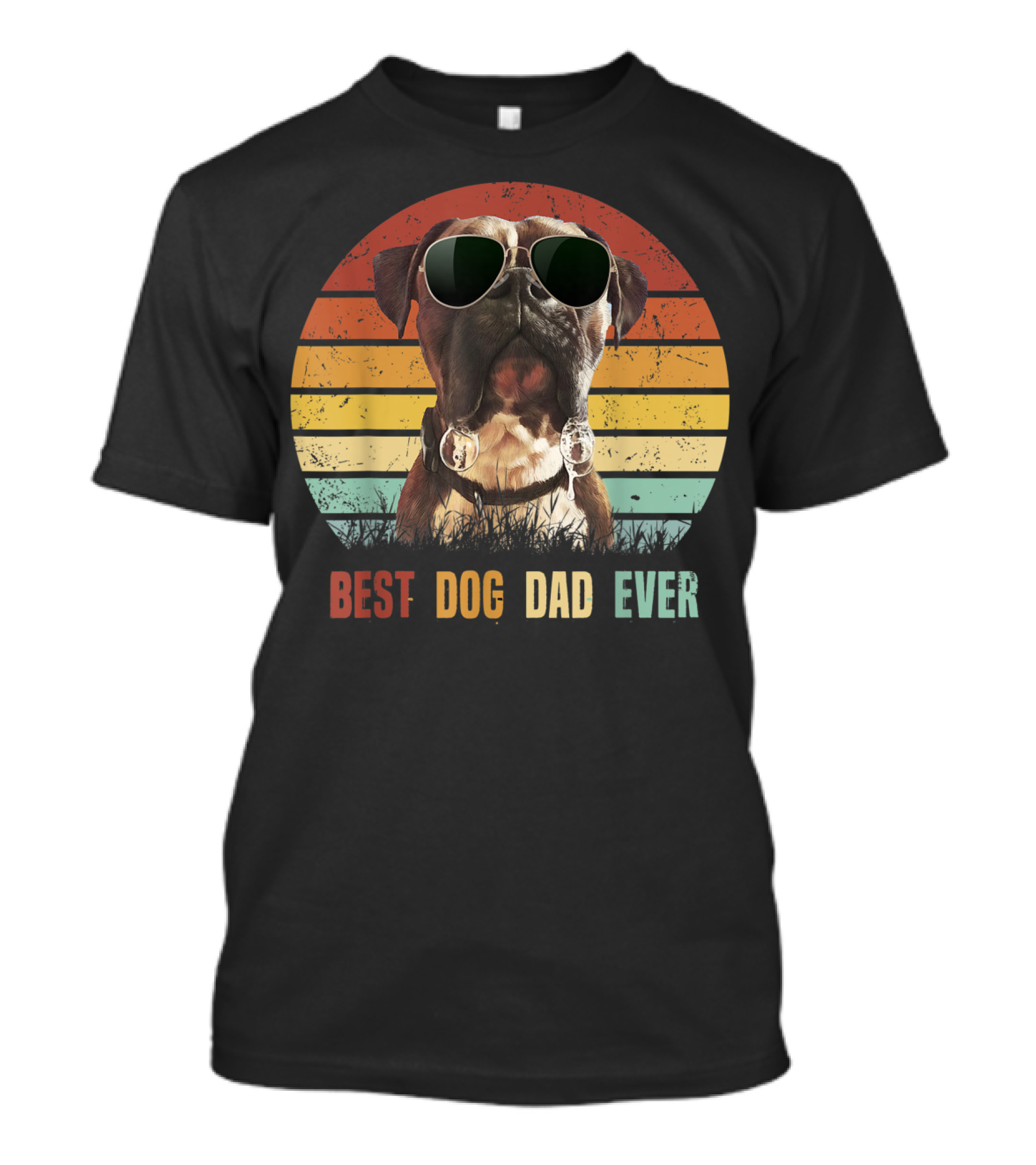Mens Vintage Best Dog Dad Ever Boxer Dog Sunglasses Retro Sunburst T-Shirt