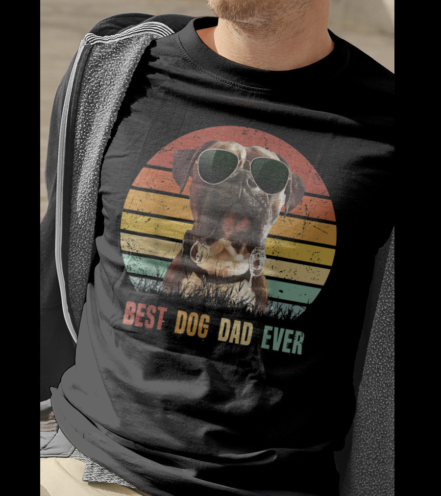 Mens Vintage Best Dog Dad Ever Boxer Dog Sunglasses Retro Sunburst T-Shirt