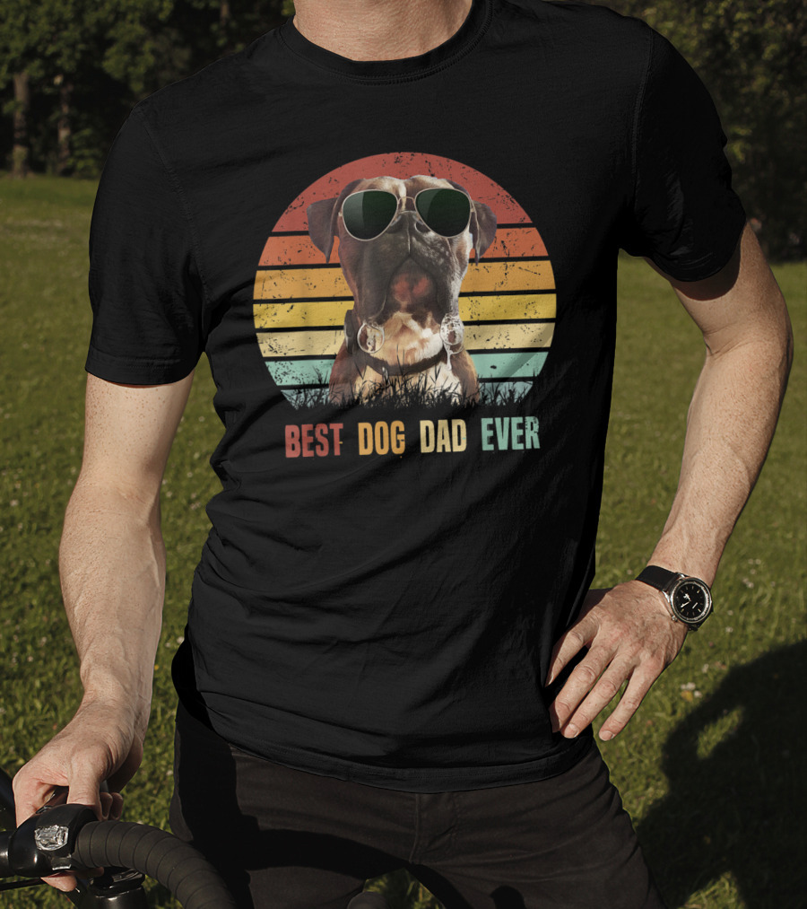 Mens Vintage Best Dog Dad Ever Boxer Dog Sunglasses Retro Sunburst T-Shirt