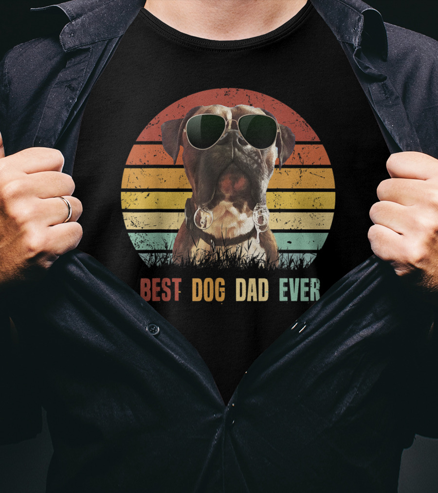 Mens Vintage Best Dog Dad Ever Boxer Dog Sunglasses Retro Sunburst T-Shirt