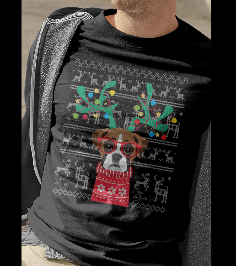 Swea Xmas Boxer Dog Reindeer Antlers Holiday Lights Ugly Christmas T-Shirt