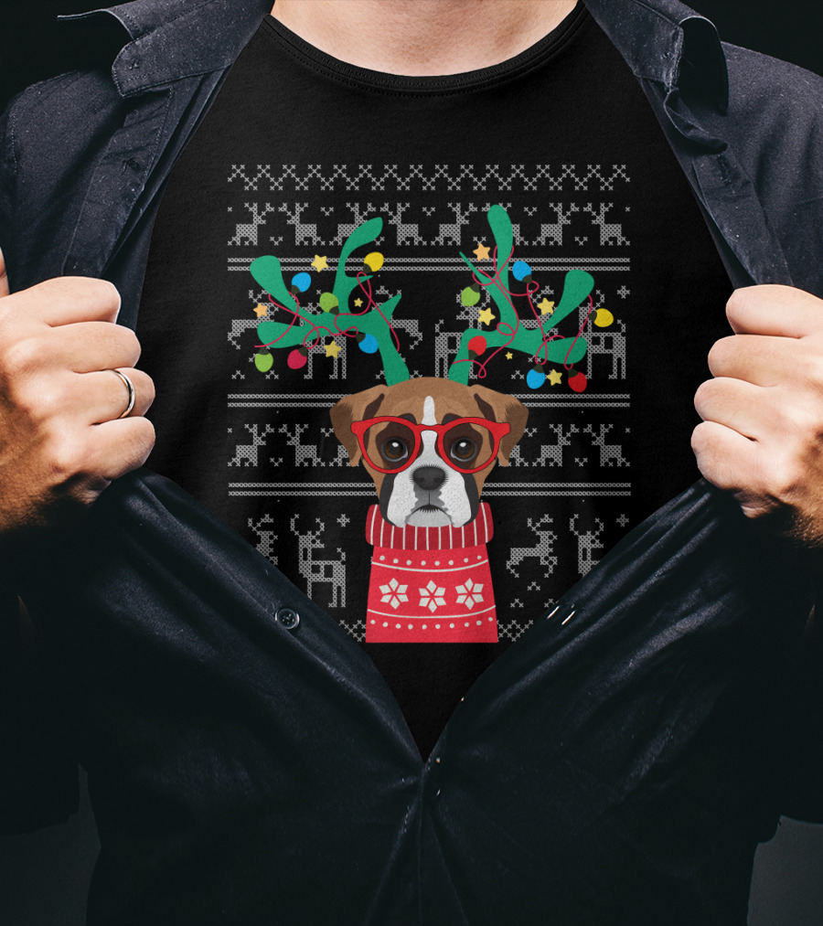 Swea Xmas Boxer Dog Reindeer Antlers Holiday Lights Ugly Christmas T-Shirt