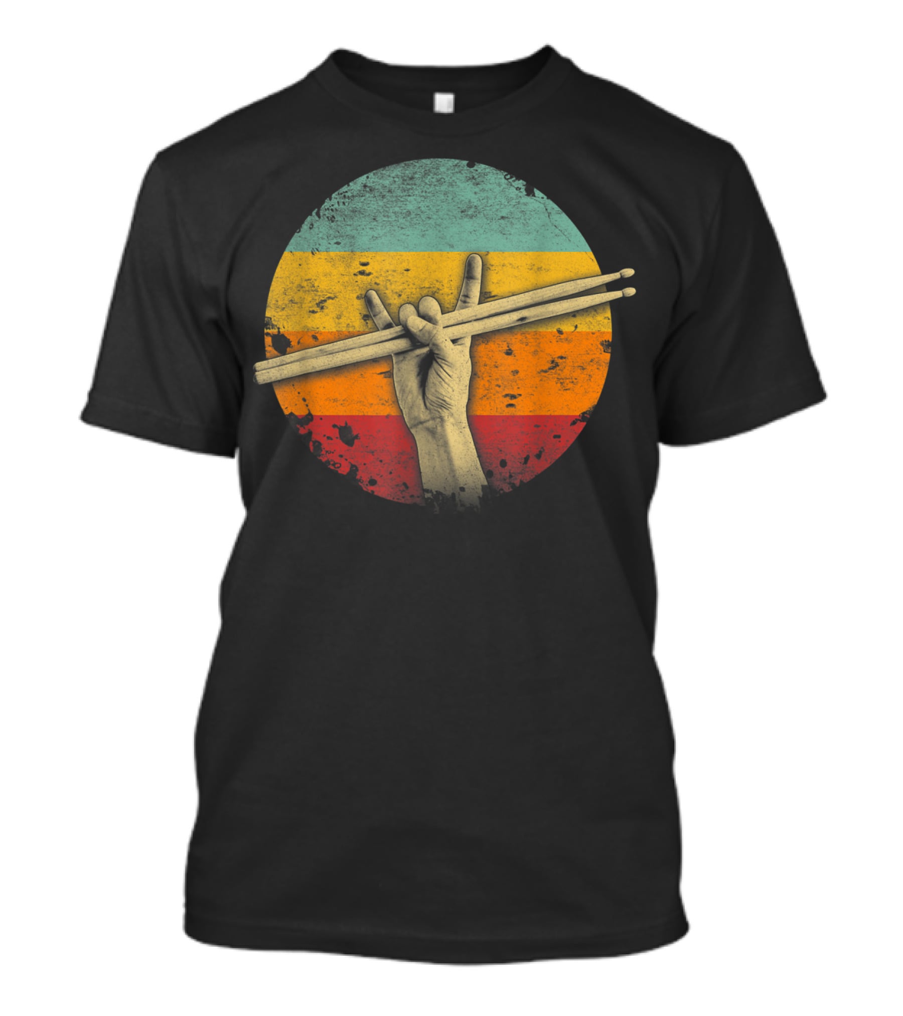 Rock Drummer Hand Sign Drumsticks Percussion Lover Retro Circle T-Shirt