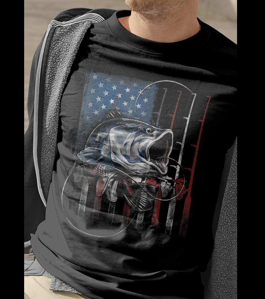 Fishing American Flag Vintage USA Bass Rods Stars Stripes T-Shirt