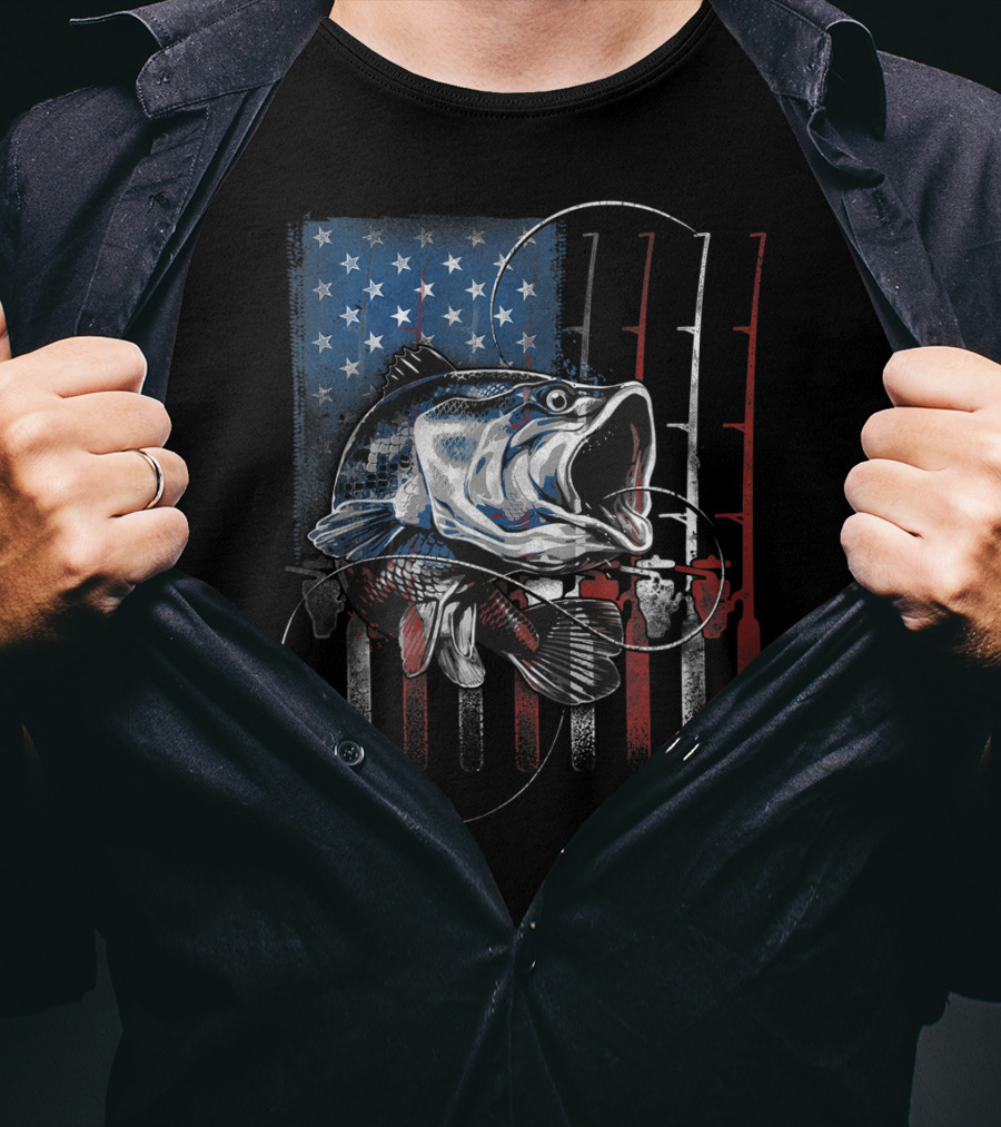 Fishing American Flag Vintage USA Bass Rods Stars Stripes T-Shirt