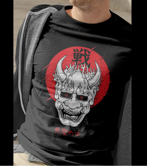 Aesthetic Japanese Devil Yokai Demon Oni Mask With Red Symbolic Background T-Shirt