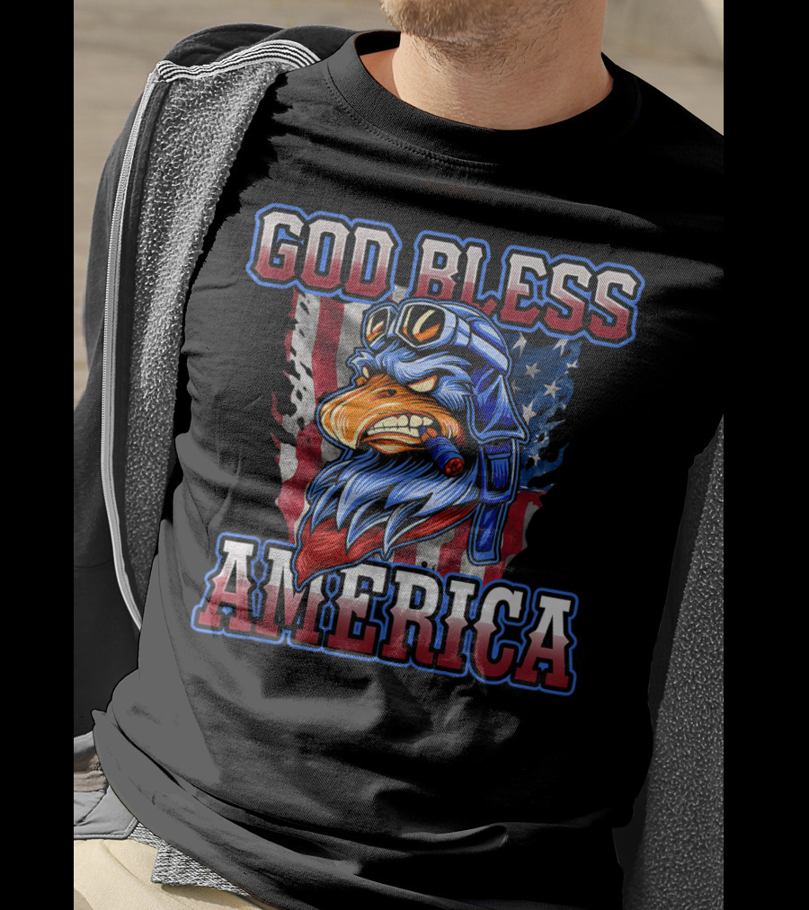 God Bless America Patriotic Eagle With American Flag Helmet And Goggles T-Shirt