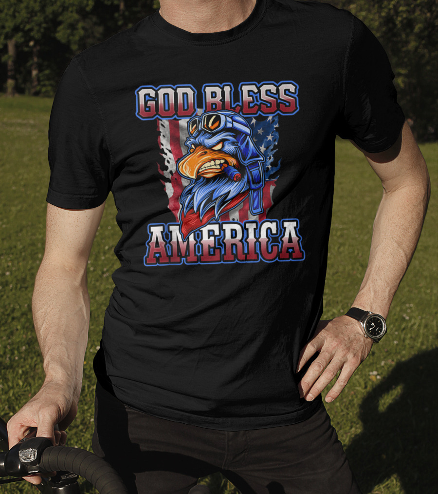 God Bless America Patriotic Eagle With American Flag Helmet And Goggles T-Shirt