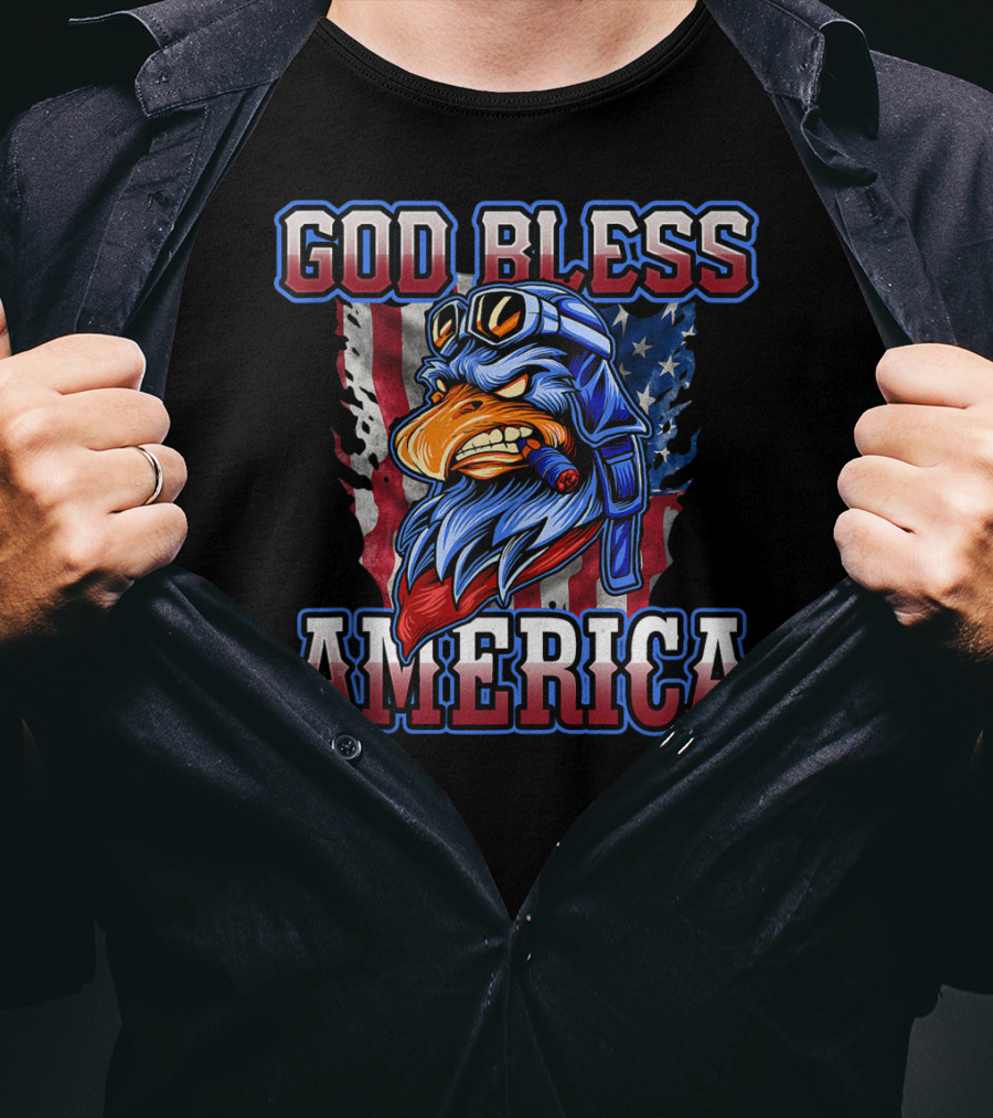 God Bless America Patriotic Eagle With American Flag Helmet And Goggles T-Shirt