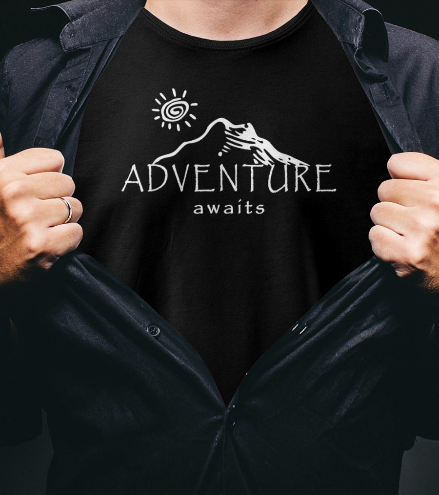 Adventure Awaits Outdoors Nature Lover Mountain Sun Drawing T-Shirt