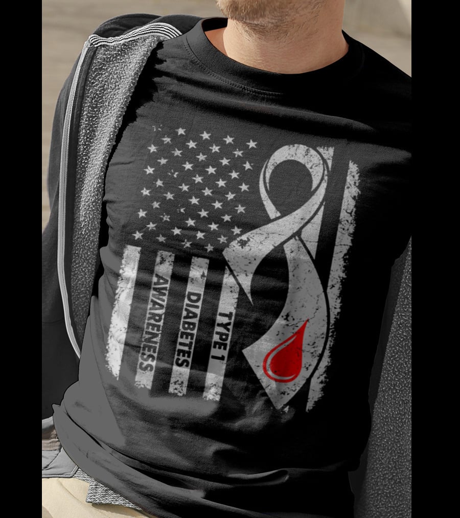 American Flag Type 1 Diabetes Awareness Ribbon With Blood Drop T-Shirt