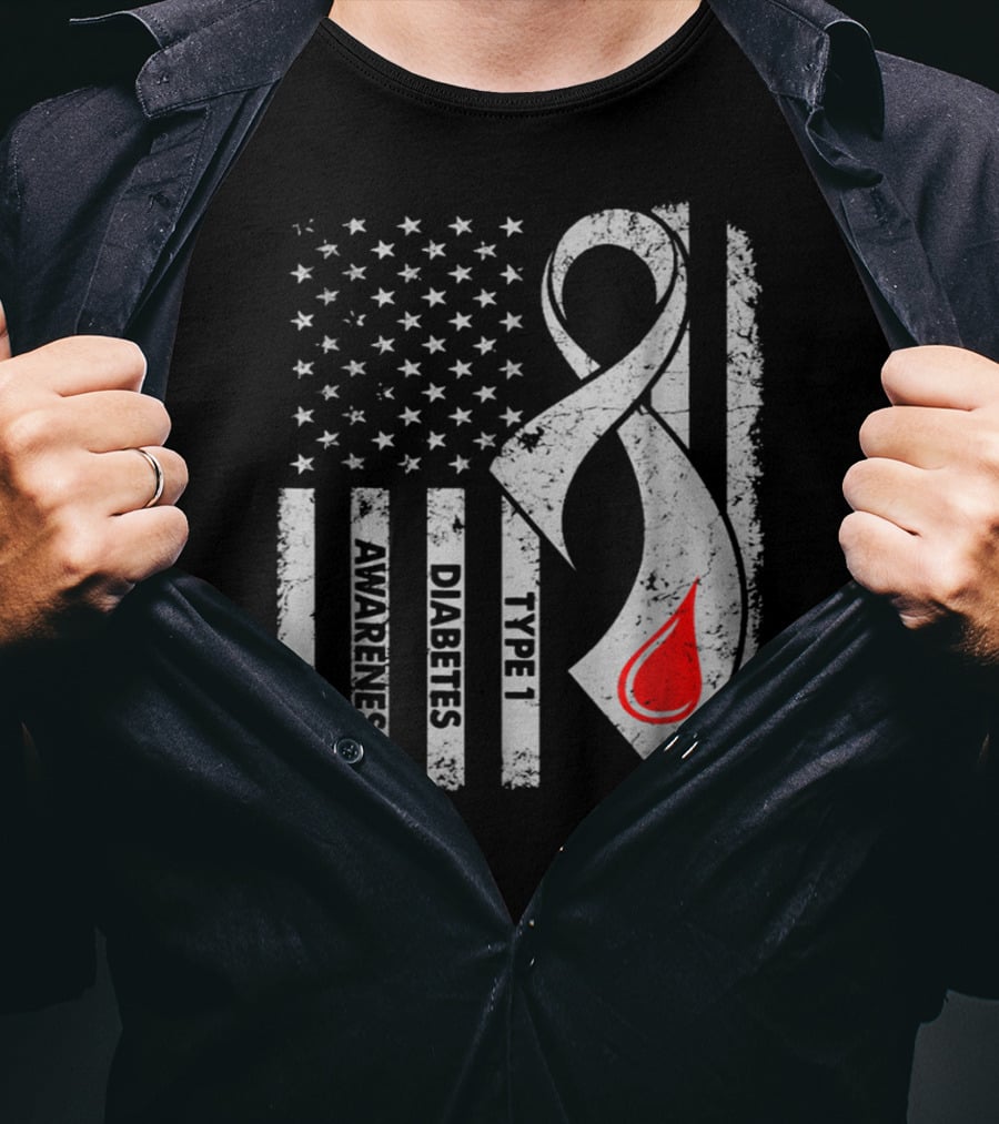 American Flag Type 1 Diabetes Awareness Ribbon With Blood Drop T-Shirt