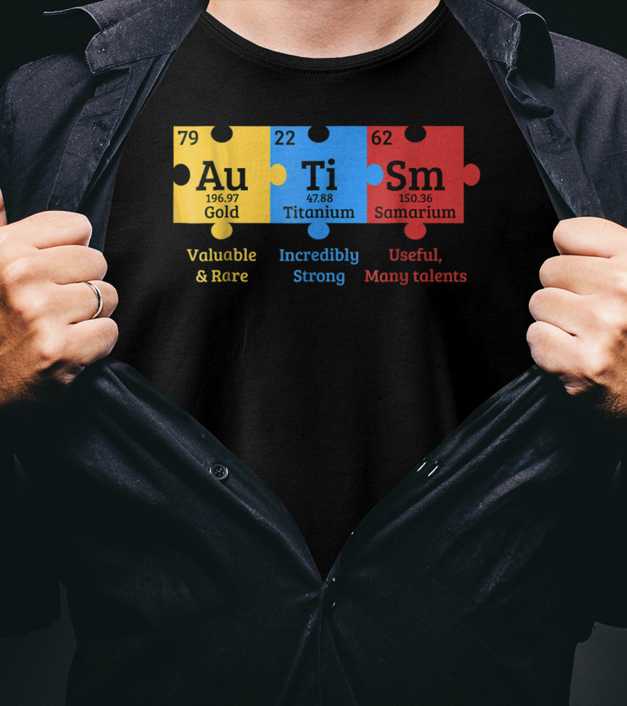 Autism Awareness Gold Titanium Samarium Elements Puzzle T-Shirt