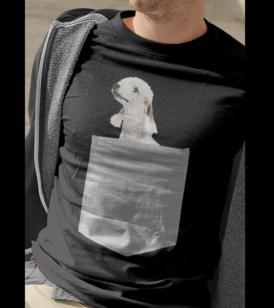 Bedlington Terrier Peeking From Gray Pocket T-Shirt