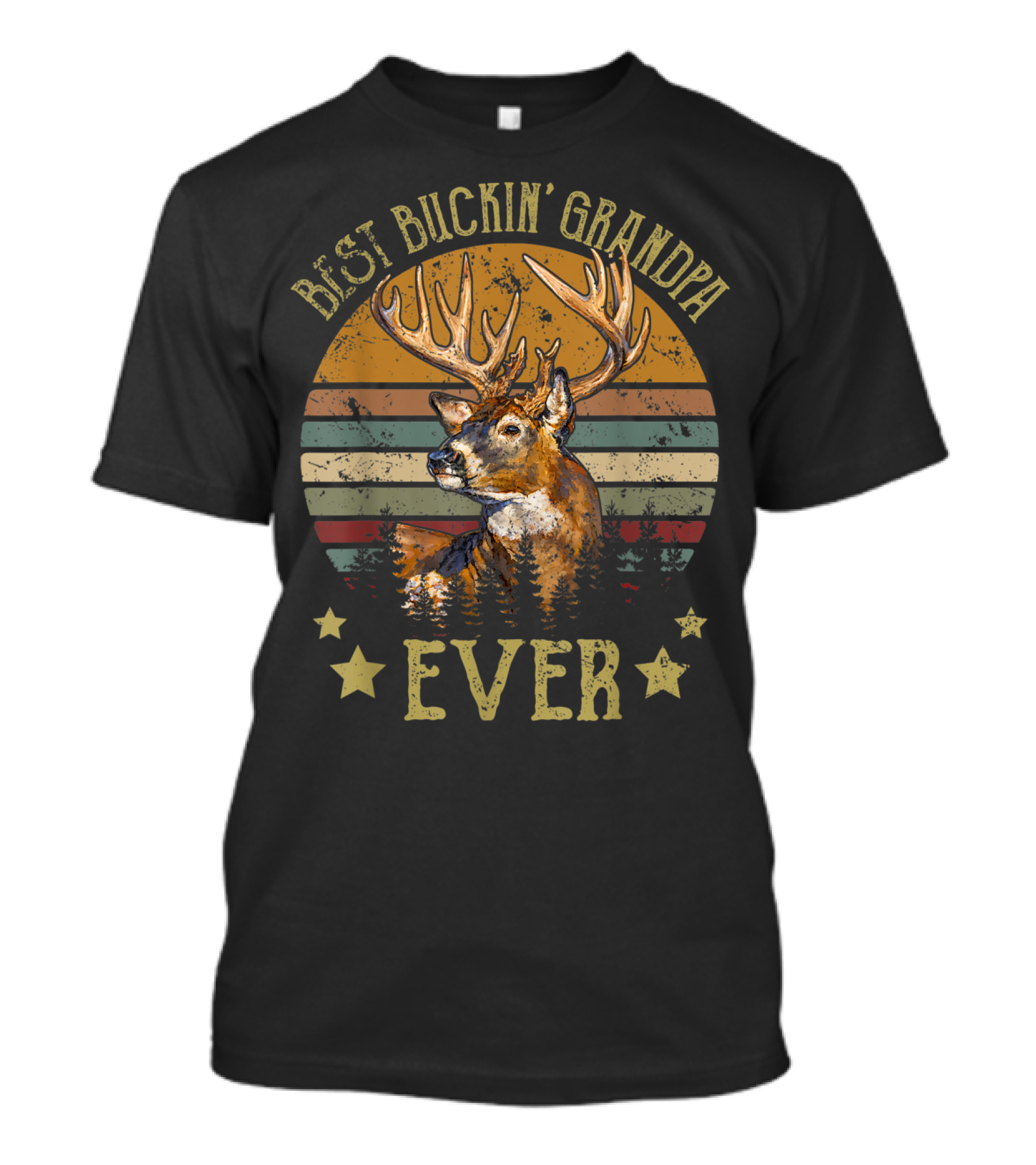 Best Buckin' Grandpa Ever Deer Hunters Vintage Sunset Buck Silhouette Stars T-Shirt