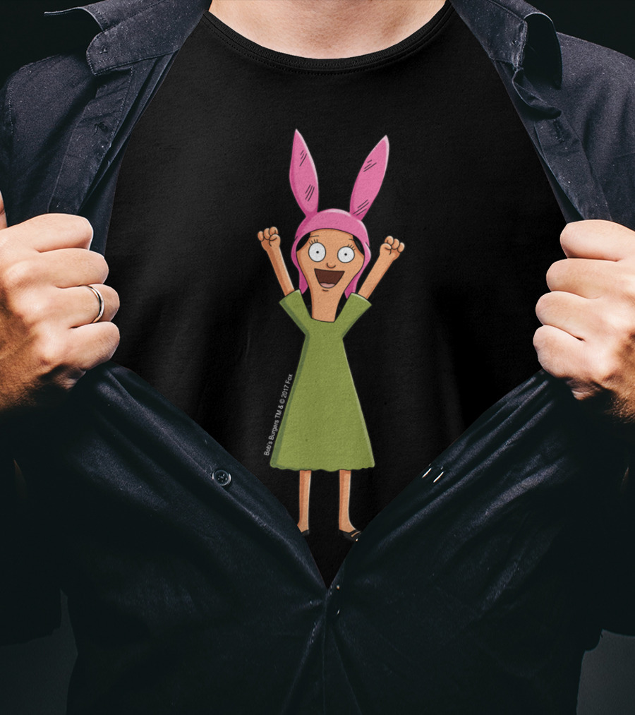 Bob's Burgers Louise Belcher Green Dress Pink Bunny Ears Excited Pose T-Shirt