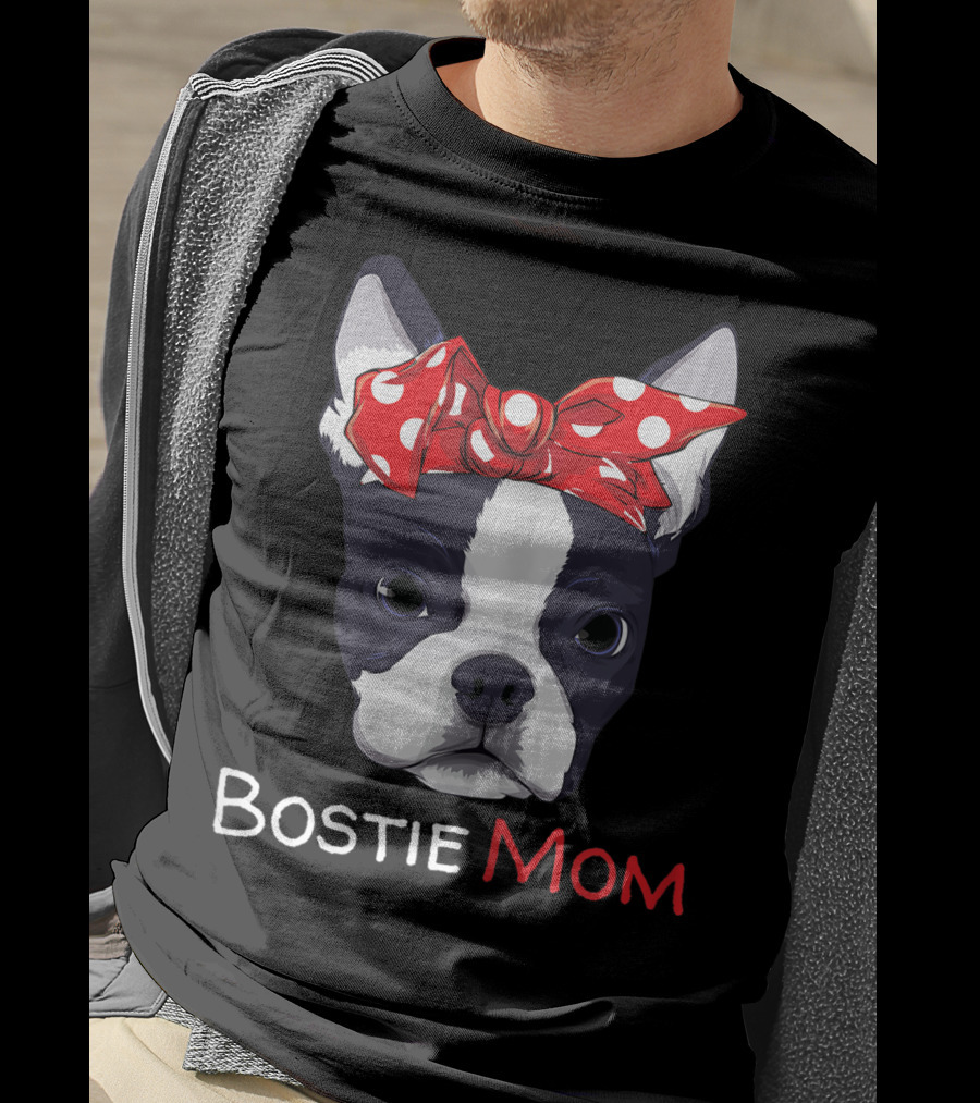 Bostie Mom Boston Terrier With Red Polka Dot Bow T-Shirt