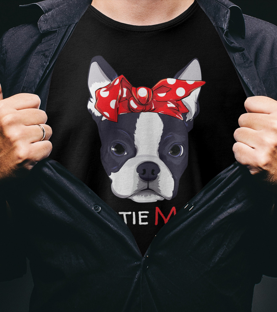 Bostie Mom Boston Terrier With Red Polka Dot Bow T-Shirt