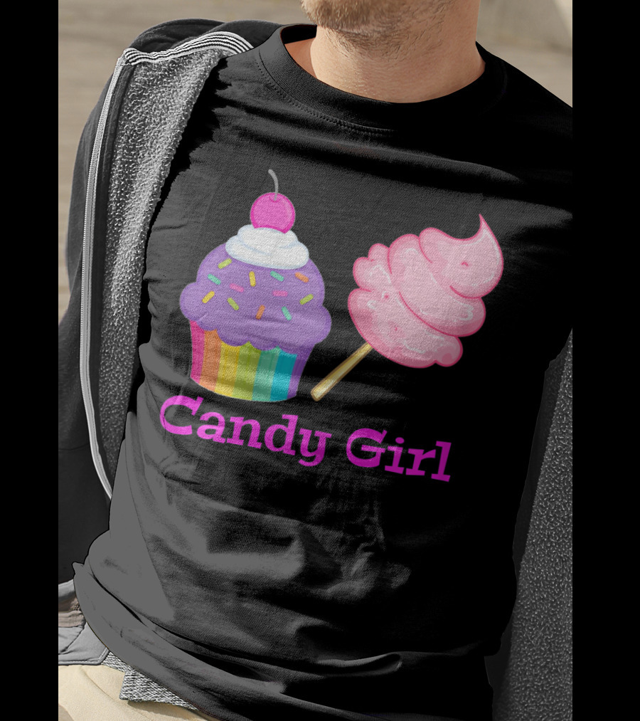 Candy Girl Cupcake And Cotton Candy Rainbow Sprinkles Cherry Top And Pink Swirl T-Shirt