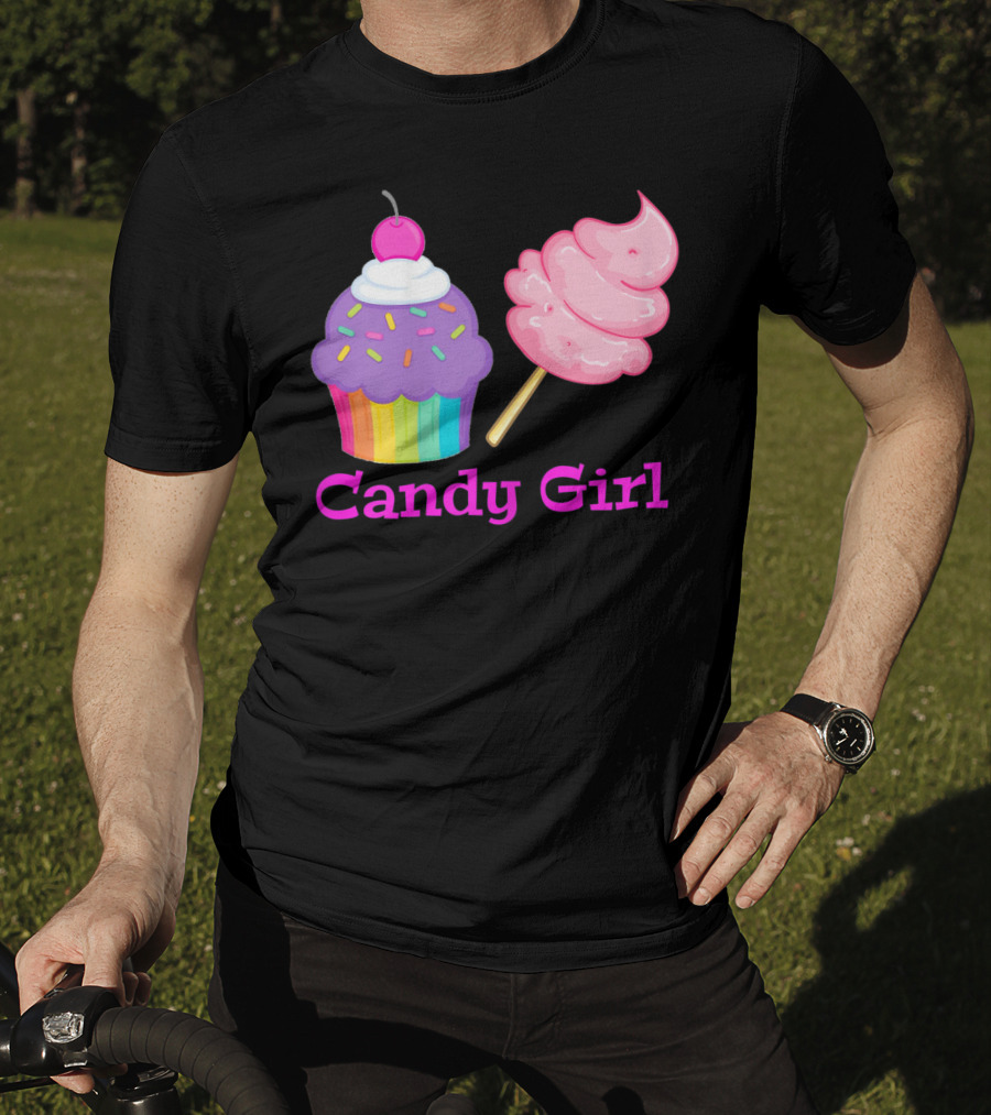 Candy Girl Cupcake And Cotton Candy Rainbow Sprinkles Cherry Top And Pink Swirl T-Shirt