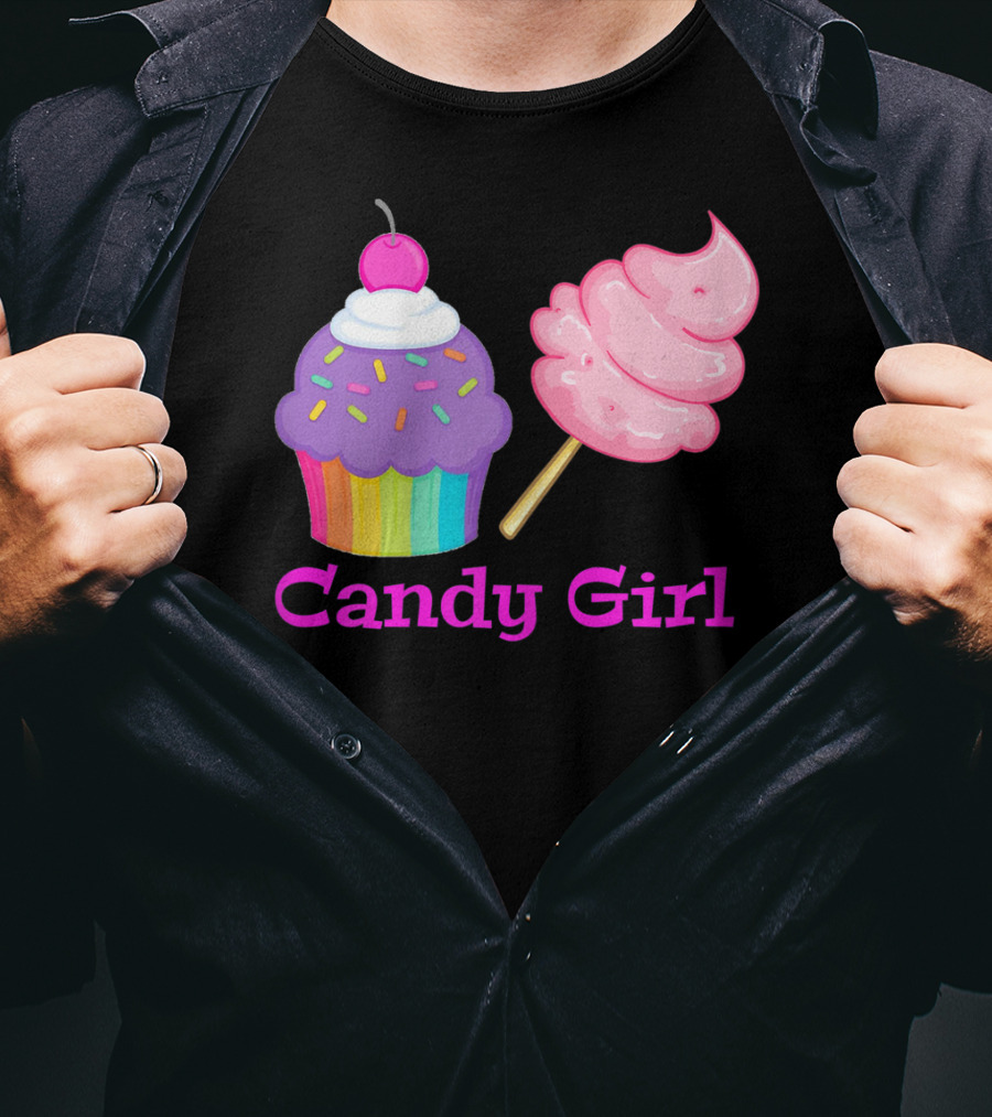 Candy Girl Cupcake And Cotton Candy Rainbow Sprinkles Cherry Top And Pink Swirl T-Shirt