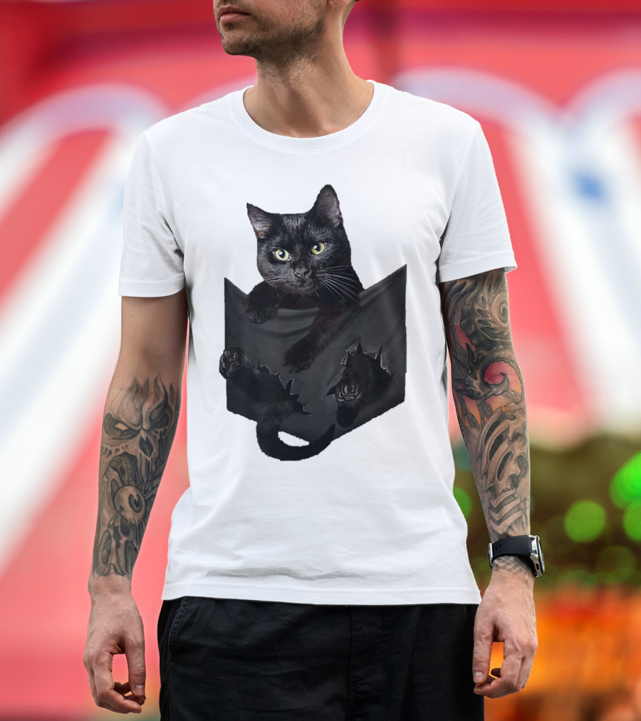Cat In Pocket Black Cat Inside Pocket Bac Playful T-Shirt