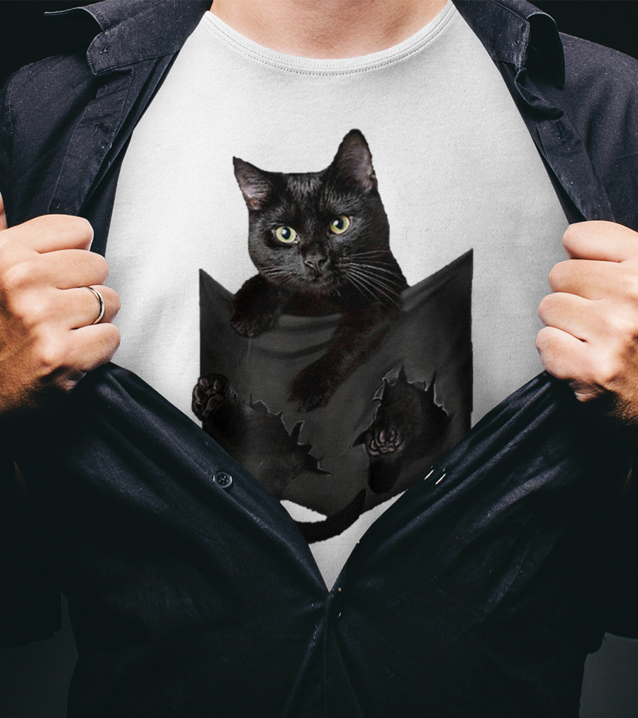 Cat In Pocket Black Cat Inside Pocket Bac Playful T-Shirt