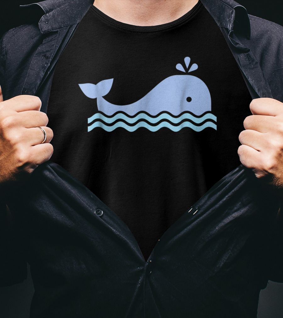 Cute Blue Whale Cartoon With Waves And Water Spout T-Shirt