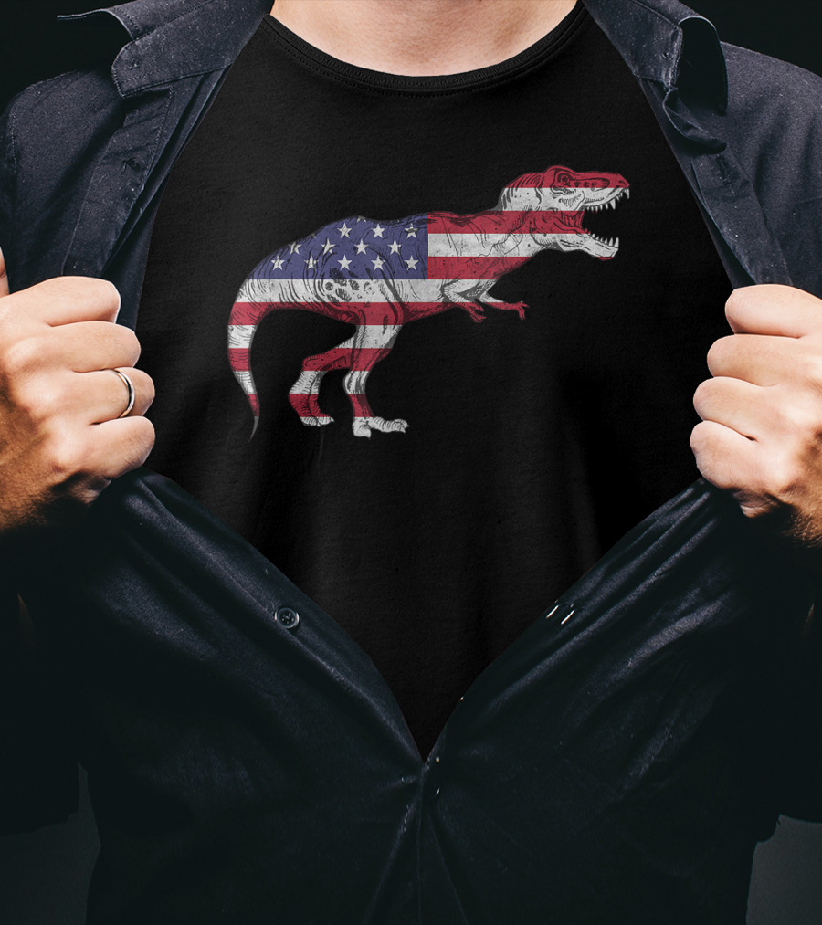 Dino USA American Flag Tyrannosaurus Patriotic Dinosaur T-Shirt