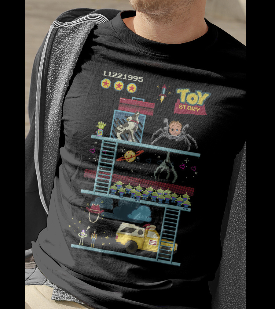 Toy Story 8 Bit Video Game Scene With Retro Pixel Art Adventure T-Shirt
