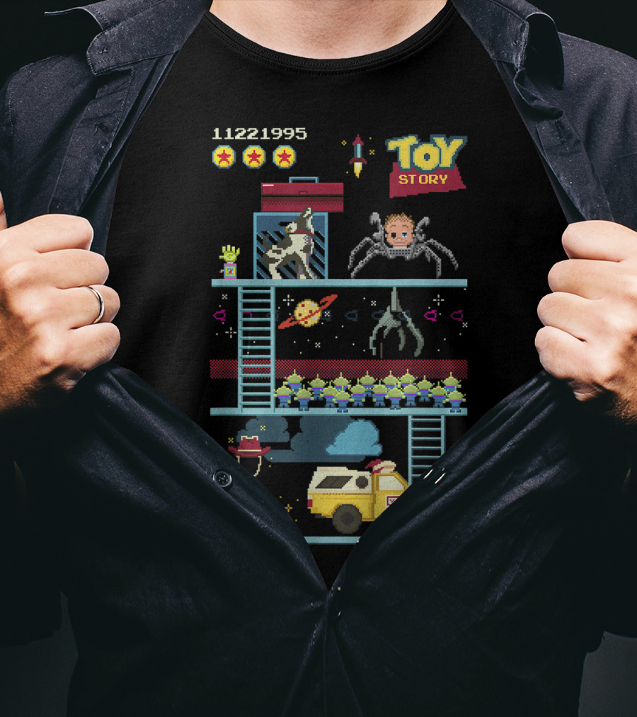 Toy Story 8 Bit Video Game Scene With Retro Pixel Art Adventure T-Shirt