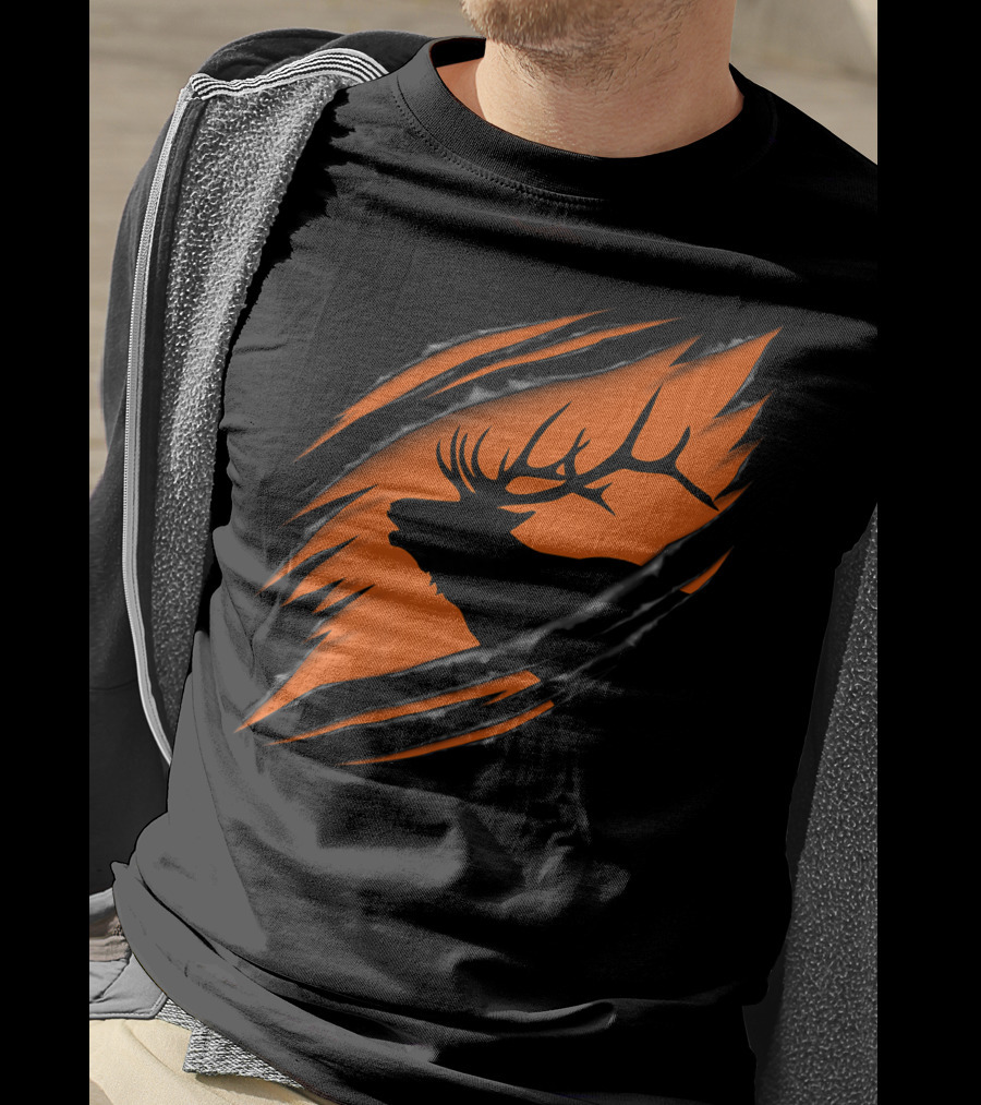 Elk Hunting Silhouette With Tear Marks On Orange T-Shirt