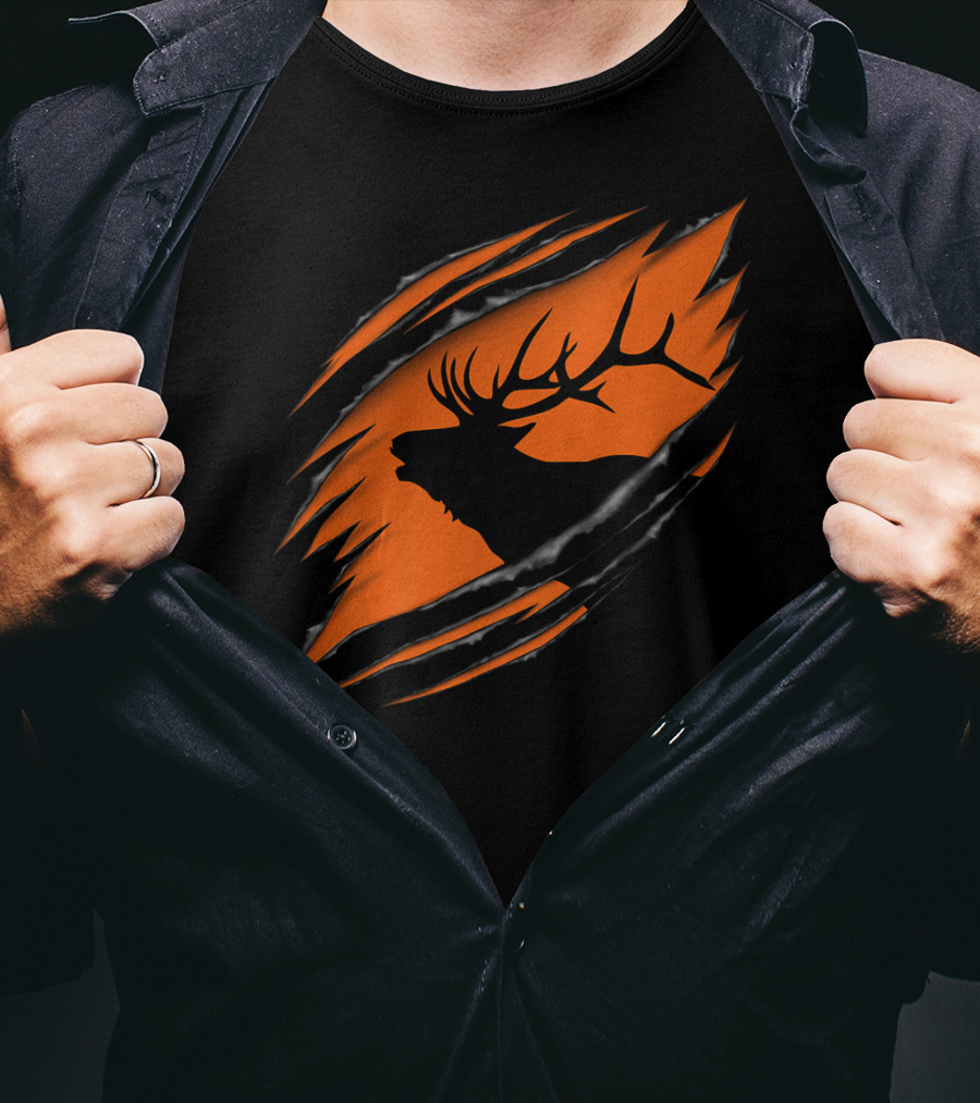 Elk Hunting Silhouette With Tear Marks On Orange T-Shirt