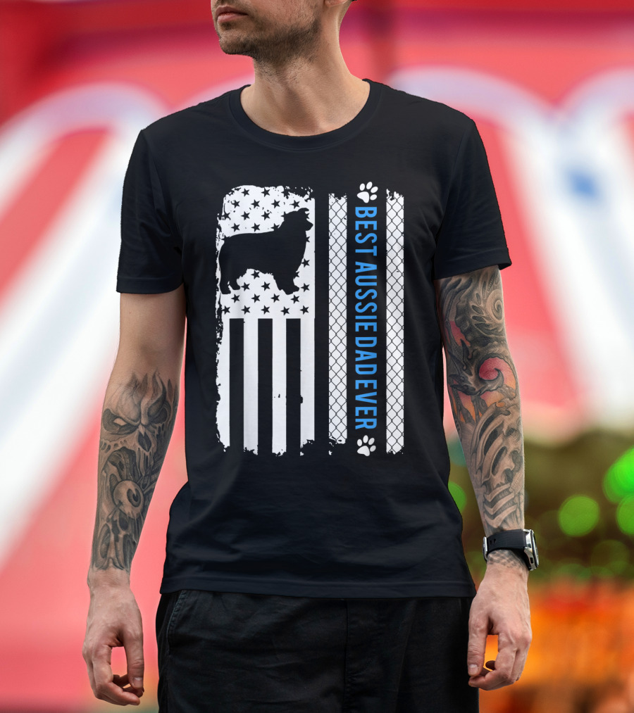 Best Aussie Dad Ever American Flag Dog Silhouette and Paw Prints T-Shirt