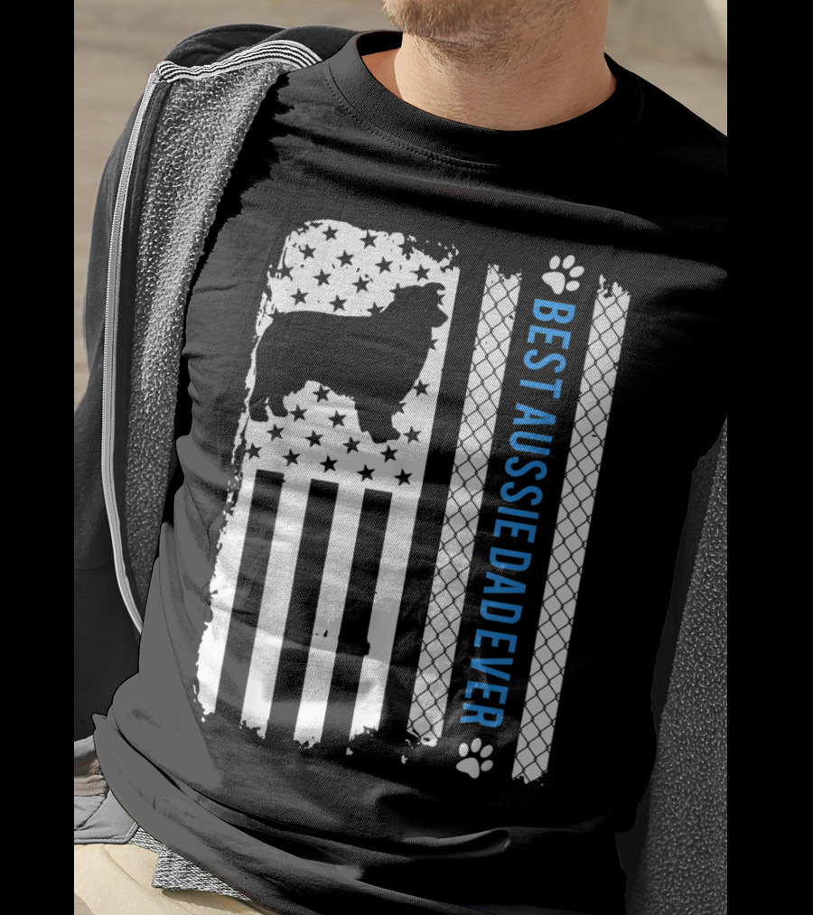 Best Aussie Dad Ever American Flag Dog Silhouette And Paw Prints T-Shirt