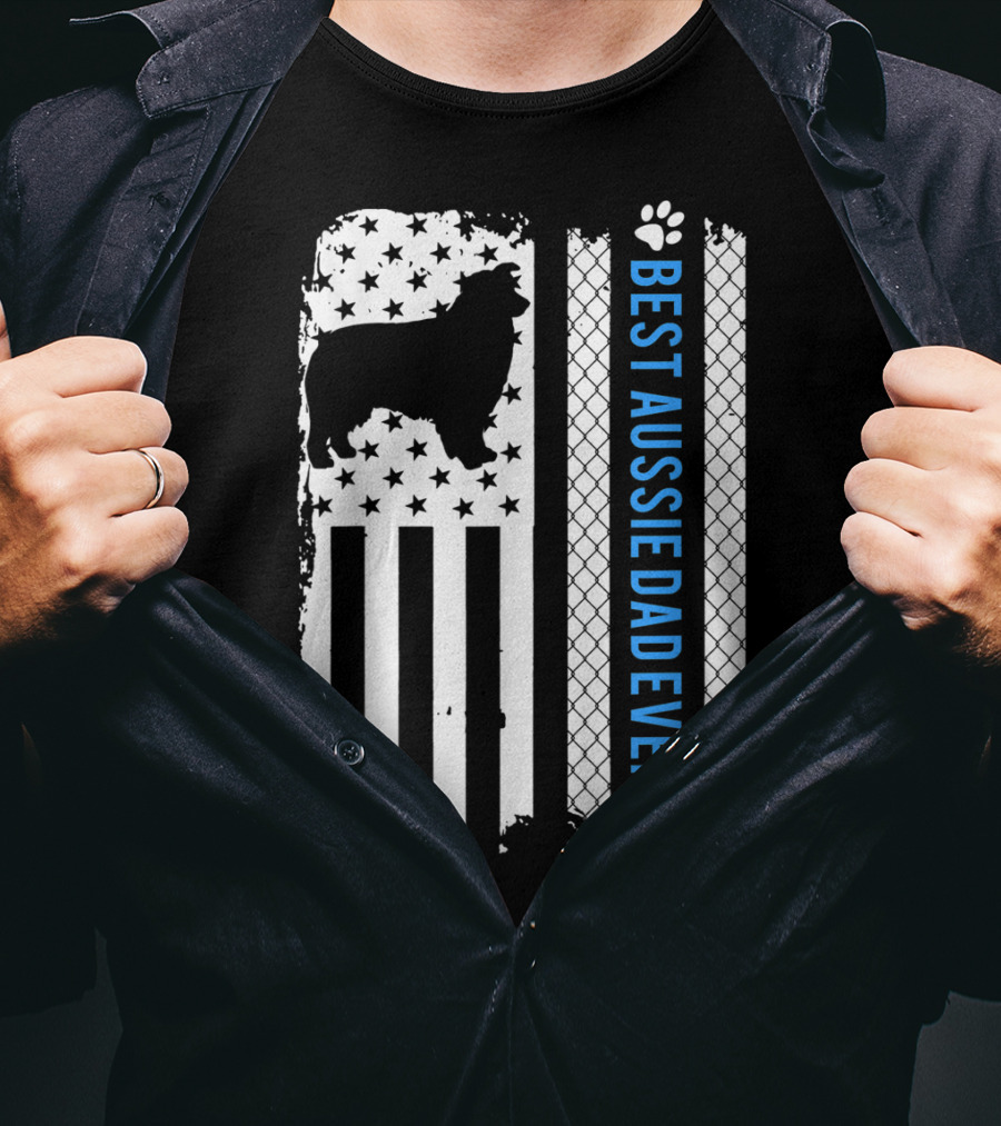 Best Aussie Dad Ever American Flag Dog Silhouette And Paw Prints T-Shirt