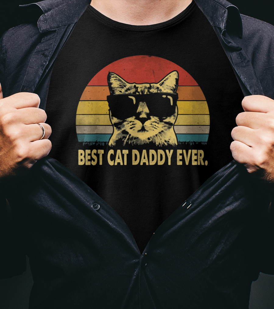 Best Cat Daddy Ever Vintage Sunglasses Cat Retro Stripes T-Shirt