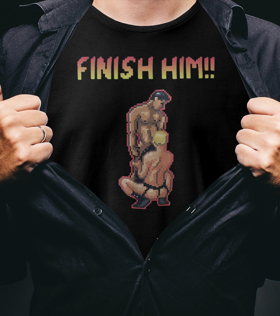 Finish Him Pixel Art Humor Gamer Fighter Retro T-Shirt