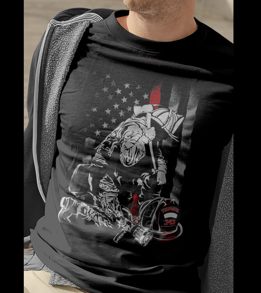 Firefighter Kneeling With Vintage USA Flag And Fire Helmet 343 T-Shirt