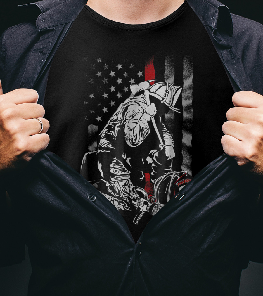 Firefighter Kneeling With Vintage USA Flag And Fire Helmet 343 T-Shirt