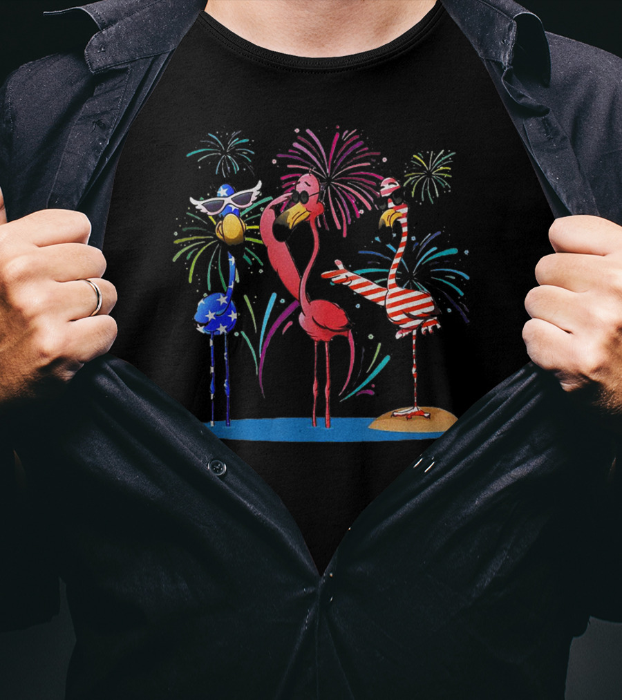 Flamingo American Flag Fireworks Patriotic Celebration With Sunglasses And Stripes T-Shirt