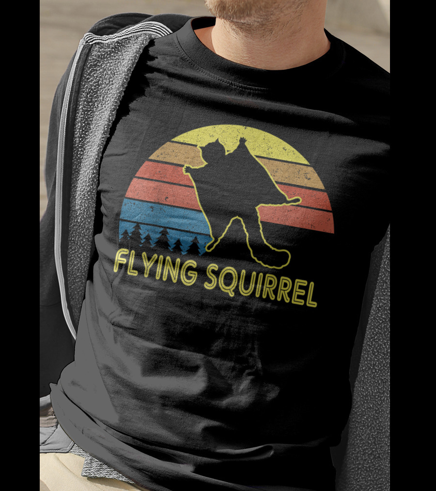 Flying Squirrel Retro Sunset With Silhouette And Forest Stripes T-Shirt